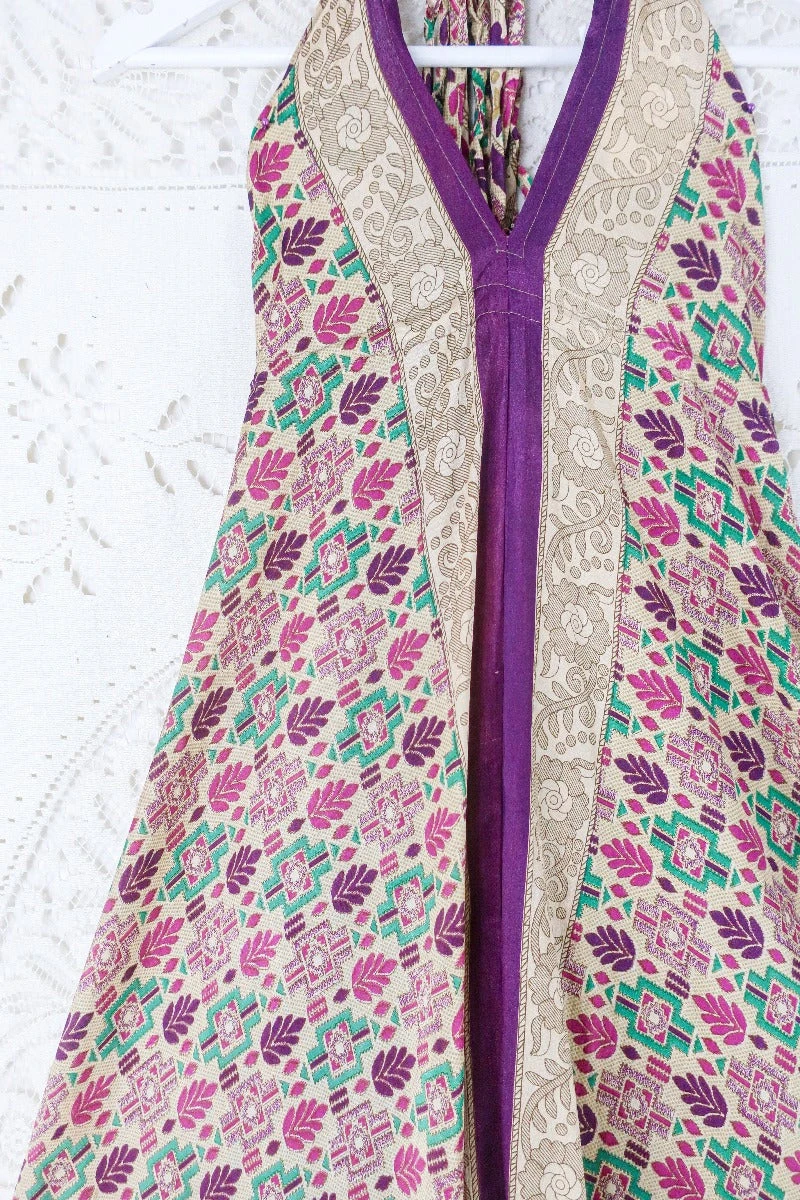 Blossom Halter Maxi Dress - Vintage Sari - Champagne, Plum & Green Mosaic - Free Size M/L 2 Blossom Halter Maxi Dress - Vintage Sari - Champagne, Plum & Green Mosaic - Free Size M/L - Image 2