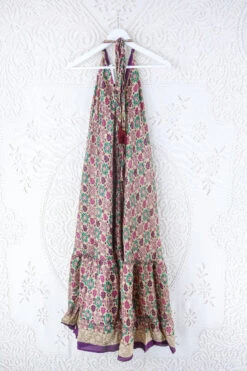 Blossom Halter Maxi Dress - Vintage Sari - Champagne, Plum & Green Mosaic - Free Size M/L 5 Blossom Halter Maxi Dress - Vintage Sari - Champagne, Plum & Green Mosaic - Free Size M/L -KIKIS Clothing Shop blossom maxi halter dress summer boho style 70s hippie midi dress frill hem handmade recycled vintage sari by all about audrey 187