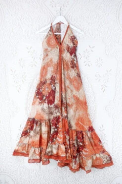 Blossom Halter Maxi Dress - Vintage Sari - Burnt Orange & Earth Tone Wildflower - Free Size S/M