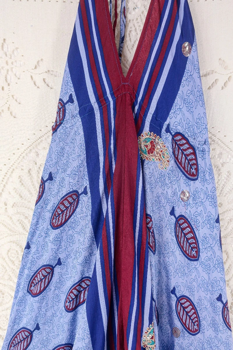 Blossom Halter Maxi Dress - Vintage Sari - Embellished Tonal Violet Leaf Print - Free Size M/L 2 Blossom Halter Maxi Dress - Vintage Sari - Embellished Tonal Violet Leaf Print - Free Size M/L - Image 2