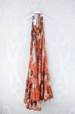 Blossom Halter Maxi Dress - Vintage Sari - Burnt Orange & Earth Tone Wildflower - Free Size S/M 5 Blossom Halter Maxi Dress - Vintage Sari - Burnt Orange & Earth Tone Wildflower - Free Size S/M -KIKIS Clothing Shop blossom maxi halter dress summer boho style 70s hippie midi dress frill hem handmade recycled vintage sari by all about audrey 191