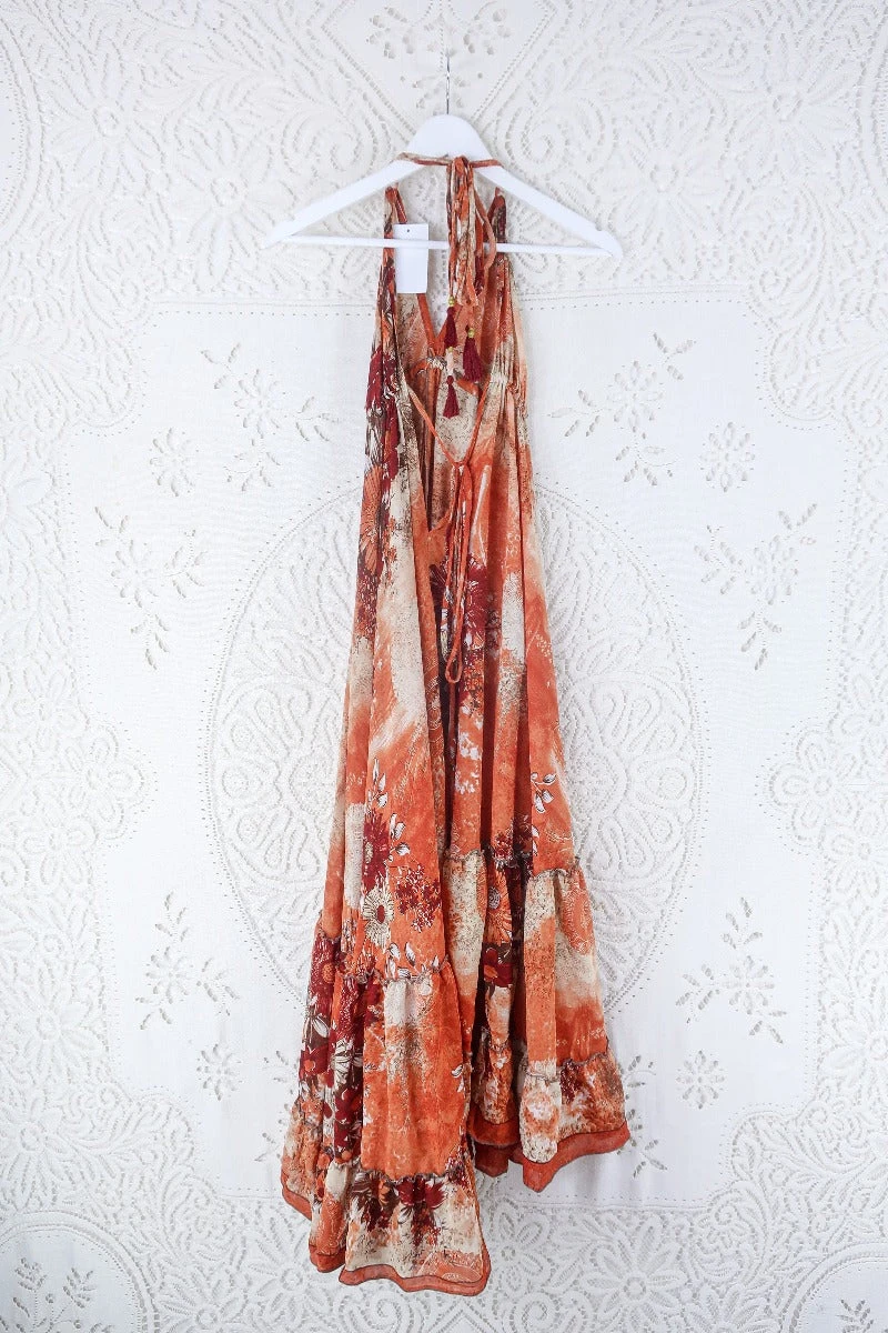 Blossom Halter Maxi Dress - Vintage Sari - Burnt Orange & Earth Tone Wildflower - Free Size S/M 3 Blossom Halter Maxi Dress - Vintage Sari - Burnt Orange & Earth Tone Wildflower - Free Size S/M - Image 3