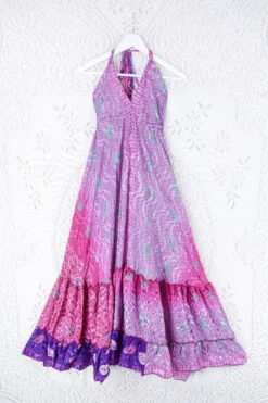 Blossom Halter Maxi Dress - Vintage Sari - Retro Raspberry Pink & Lilac Floral - Free Size S/M