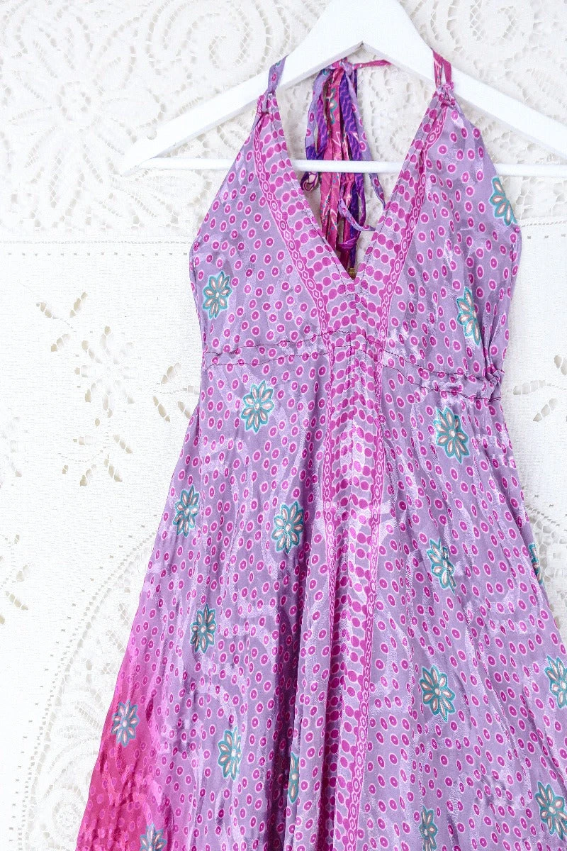 Blossom Halter Maxi Dress - Vintage Sari - Retro Raspberry Pink & Lilac Floral - Free Size S/M 2 Blossom Halter Maxi Dress - Vintage Sari - Retro Raspberry Pink & Lilac Floral - Free Size S/M - Image 2