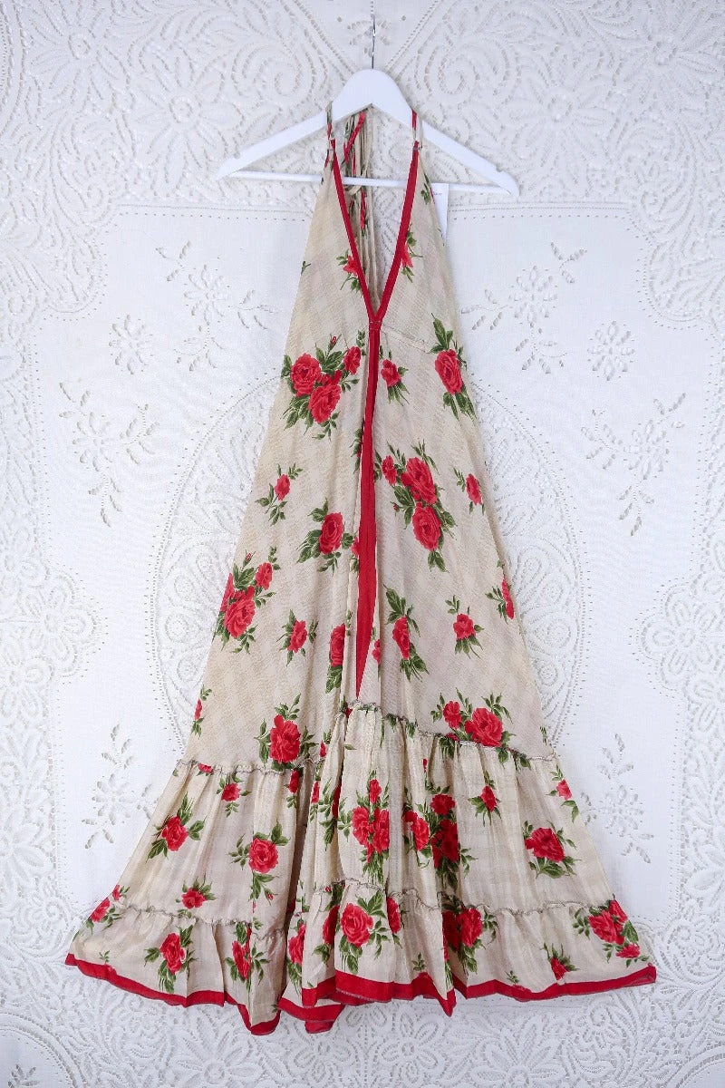 Blossom Halter Maxi Dress - Vintage Sari - Cream & Rouge Rose Floral - Free Size L/XL 1 Blossom Halter Maxi Dress - Vintage Sari - Cream & Rouge Rose Floral - Free Size L/XL