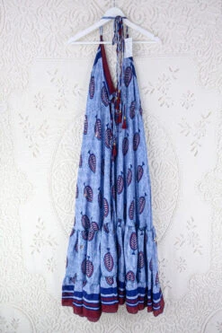 Blossom Halter Maxi Dress - Vintage Sari - Embellished Tonal Violet Leaf Print - Free Size M/L 5 Blossom Halter Maxi Dress - Vintage Sari - Embellished Tonal Violet Leaf Print - Free Size M/L -KIKIS Clothing Shop blossom maxi halter dress summer boho style 70s hippie midi dress frill hem handmade recycled vintage sari by all about audrey 20