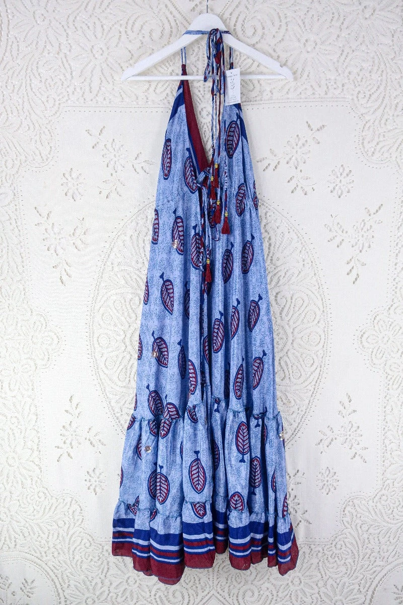 Blossom Halter Maxi Dress - Vintage Sari - Embellished Tonal Violet Leaf Print - Free Size M/L 3 Blossom Halter Maxi Dress - Vintage Sari - Embellished Tonal Violet Leaf Print - Free Size M/L - Image 3