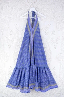 Blossom Halter Maxi Dress - Vintage Sari - Champagne & Lavender Paisley - Free Size M/L