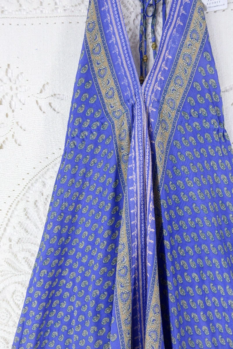 Blossom Halter Maxi Dress - Vintage Sari - Champagne & Lavender Paisley - Free Size M/L 2 Blossom Halter Maxi Dress - Vintage Sari - Champagne & Lavender Paisley - Free Size M/L - Image 2