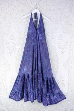 Blossom Halter Maxi Dress - Vintage Sari - Deep Violet Paisley Stripe- Free Size M/L