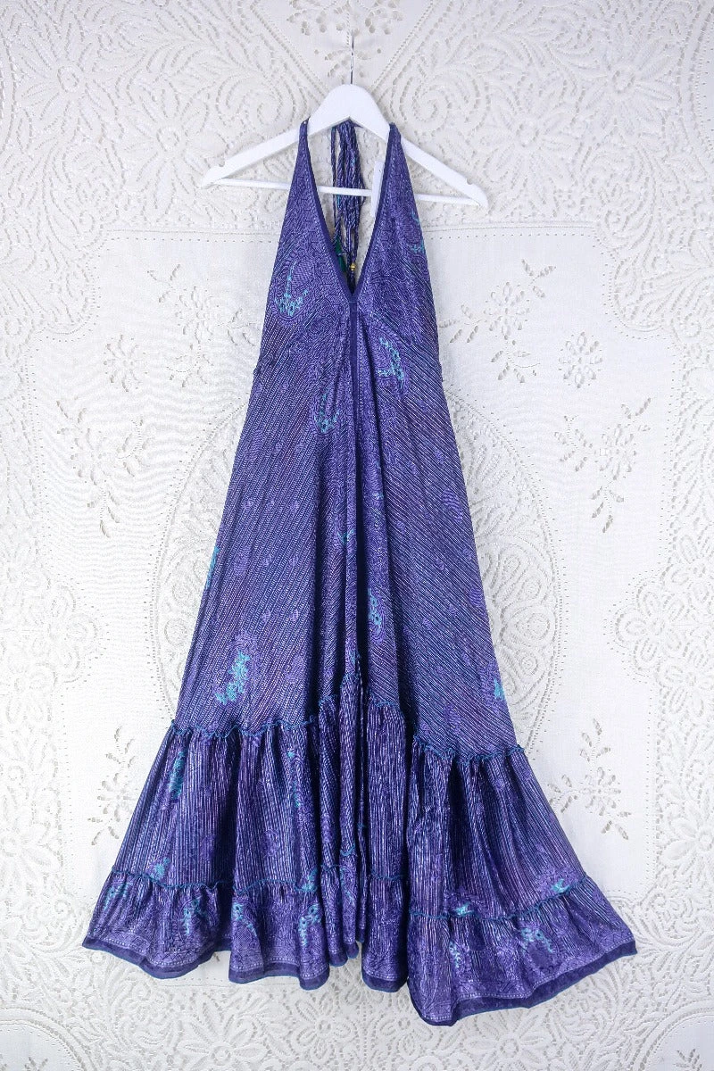 Blossom Halter Maxi Dress - Vintage Sari - Deep Violet Paisley Stripe- Free Size M/L 1 Blossom Halter Maxi Dress - Vintage Sari - Deep Violet Paisley Stripe- Free Size M/L