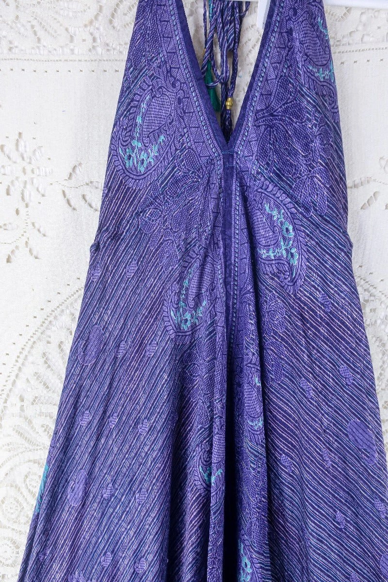 Blossom Halter Maxi Dress - Vintage Sari - Deep Violet Paisley Stripe- Free Size M/L 2 Blossom Halter Maxi Dress - Vintage Sari - Deep Violet Paisley Stripe- Free Size M/L - Image 2