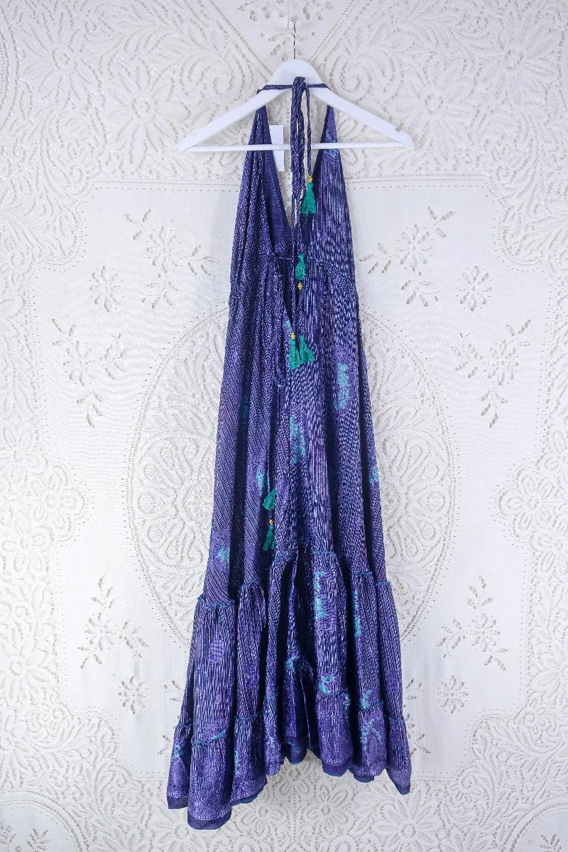 Blossom Halter Maxi Dress - Vintage Sari - Deep Violet Paisley Stripe- Free Size M/L 3 Blossom Halter Maxi Dress - Vintage Sari - Deep Violet Paisley Stripe- Free Size M/L - Image 3