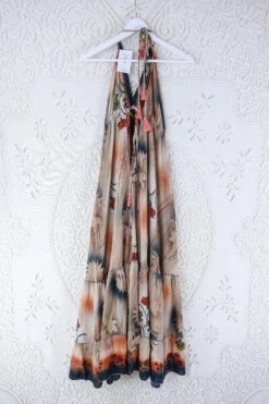 Blossom Halter Maxi Dress - Vintage Sari - Mocha Sunset - Free Size L/XL -KIKIS Clothing Shop blossom maxi halter dress summer boho style 70s hippie midi dress frill hem handmade recycled vintage sari by all about audrey 29
