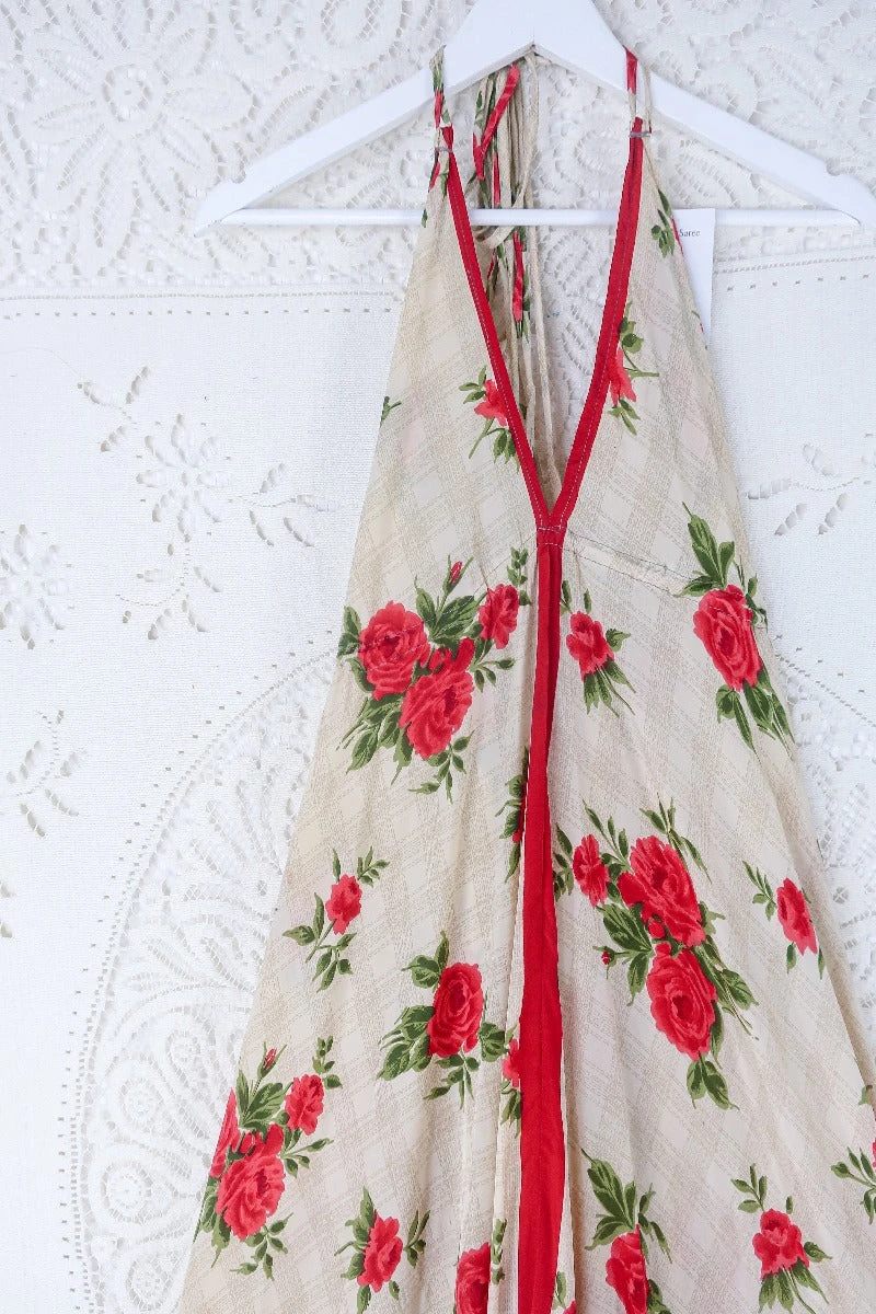 Blossom Halter Maxi Dress - Vintage Sari - Cream & Rouge Rose Floral - Free Size L/XL 2 Blossom Halter Maxi Dress - Vintage Sari - Cream & Rouge Rose Floral - Free Size L/XL - Image 2
