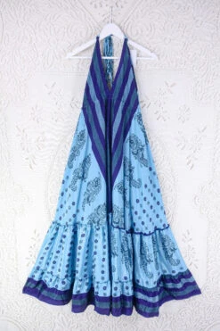 Blossom Halter Maxi Dress - Vintage Sari - Arctic Paisley Stripe - Free Size M/L