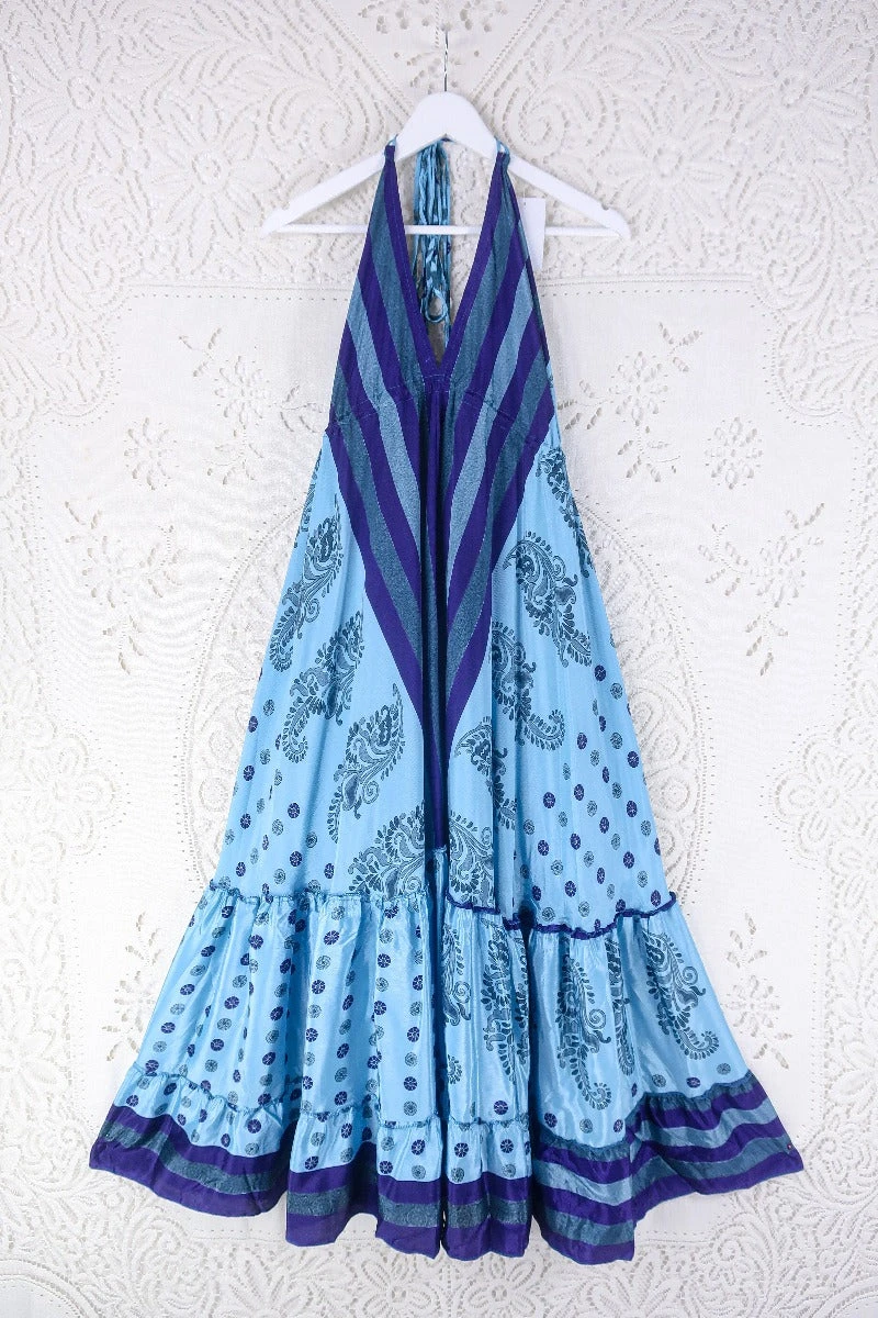 Blossom Halter Maxi Dress - Vintage Sari - Arctic Paisley Stripe - Free Size M/L 1 Blossom Halter Maxi Dress - Vintage Sari - Arctic Paisley Stripe - Free Size M/L