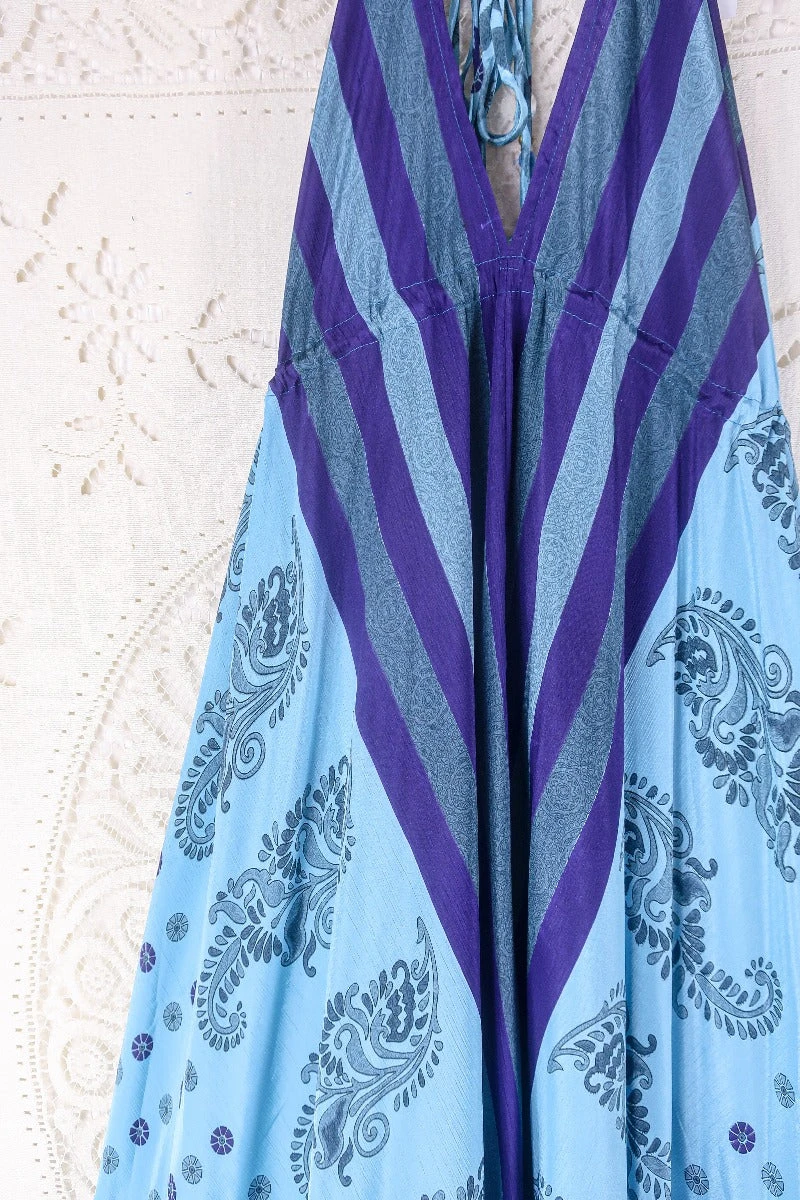 Blossom Halter Maxi Dress - Vintage Sari - Arctic Paisley Stripe - Free Size M/L 2 Blossom Halter Maxi Dress - Vintage Sari - Arctic Paisley Stripe - Free Size M/L - Image 2