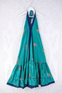 Blossom Halter Maxi Dress - Vintage Sari - Euphoric Elephant In Pine Green - Free Size L/XL