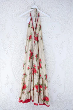 Blossom Halter Maxi Dress - Vintage Sari - Cream & Rouge Rose Floral - Free Size L/XL 8 Blossom Halter Maxi Dress - Vintage Sari - Cream & Rouge Rose Floral - Free Size L/XL -KIKIS Clothing Shop blossom maxi halter dress summer boho style 70s hippie midi dress frill hem handmade recycled vintage sari by all about audrey 4