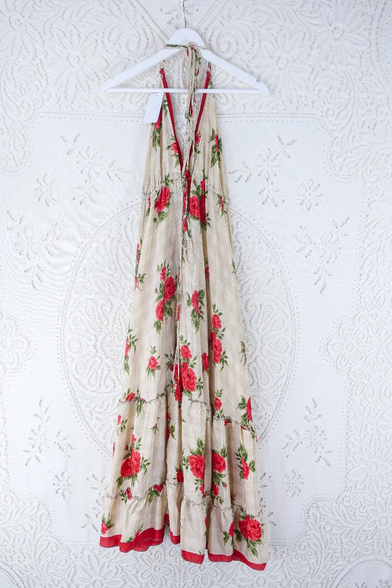Blossom Halter Maxi Dress - Vintage Sari - Cream & Rouge Rose Floral - Free Size L/XL 3 Blossom Halter Maxi Dress - Vintage Sari - Cream & Rouge Rose Floral - Free Size L/XL - Image 3