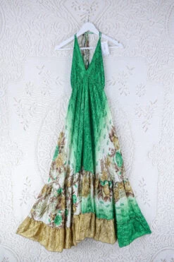 Blossom Halter Maxi Dress - Vintage Sari - Breezy Meadow In Parakeet And Sand - Free Size L/XL