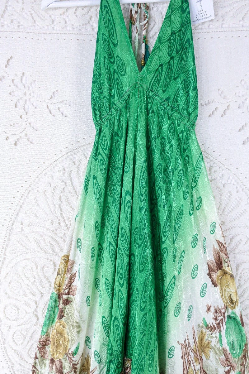 Blossom Halter Maxi Dress - Vintage Sari - Breezy Meadow In Parakeet And Sand - Free Size L/XL 2 Blossom Halter Maxi Dress - Vintage Sari - Breezy Meadow In Parakeet And Sand - Free Size L/XL - Image 2