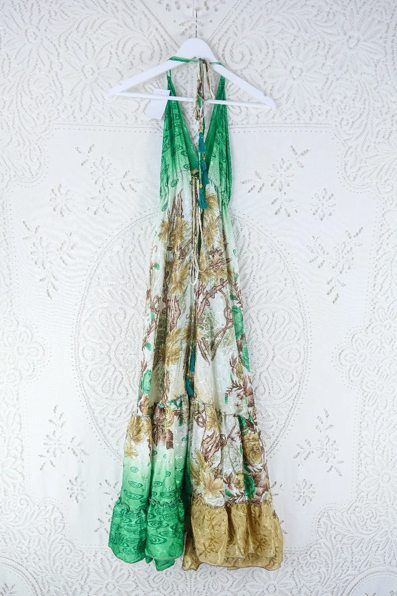 Blossom Halter Maxi Dress - Vintage Sari - Breezy Meadow In Parakeet And Sand - Free Size L/XL 3 Blossom Halter Maxi Dress - Vintage Sari - Breezy Meadow In Parakeet And Sand - Free Size L/XL - Image 3