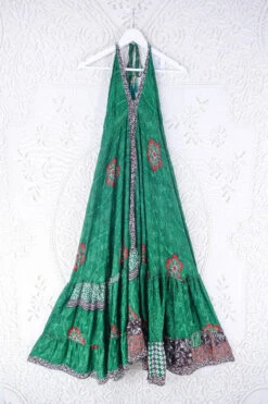 Blossom Halter Maxi Dress - Vintage Sari - Poppy Garden In Envy Green - Free Size L/XL
