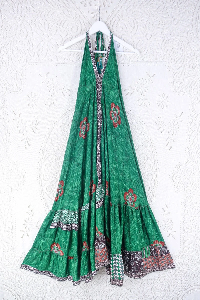 Blossom Halter Maxi Dress - Vintage Sari - Poppy Garden In Envy Green - Free Size L/XL 1 Blossom Halter Maxi Dress - Vintage Sari - Poppy Garden In Envy Green - Free Size L/XL