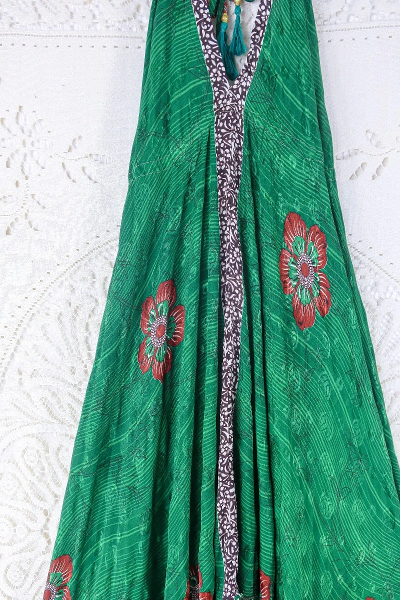 Blossom Halter Maxi Dress - Vintage Sari - Poppy Garden In Envy Green - Free Size L/XL 2 Blossom Halter Maxi Dress - Vintage Sari - Poppy Garden In Envy Green - Free Size L/XL - Image 2