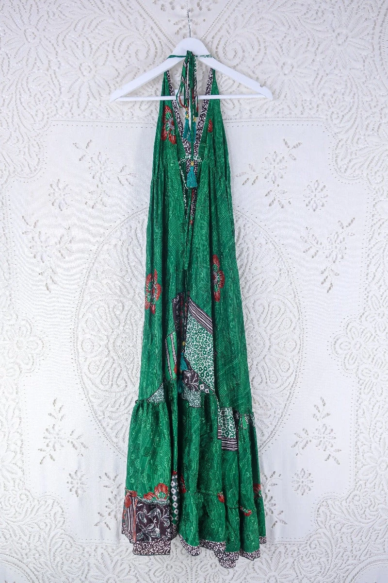 Blossom Halter Maxi Dress - Vintage Sari - Poppy Garden In Envy Green - Free Size L/XL 3 Blossom Halter Maxi Dress - Vintage Sari - Poppy Garden In Envy Green - Free Size L/XL - Image 3