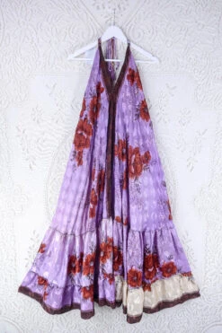 Blossom Halter Maxi Dress - Vintage Sari - Watercolour Floral In Violet And Rust - Free Size L/XL