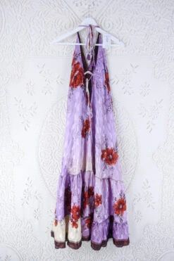 Blossom Halter Maxi Dress - Vintage Sari - Watercolour Floral In Violet And Rust - Free Size L/XL -KIKIS Clothing Shop blossom maxi halter dress summer boho style 70s hippie midi dress frill hem handmade recycled vintage sari by all about audrey 50