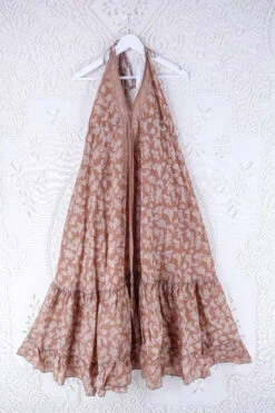 Blossom Halter Maxi Dress - Vintage Sari - Terracotta Blossom Tree - Free Size L/XL