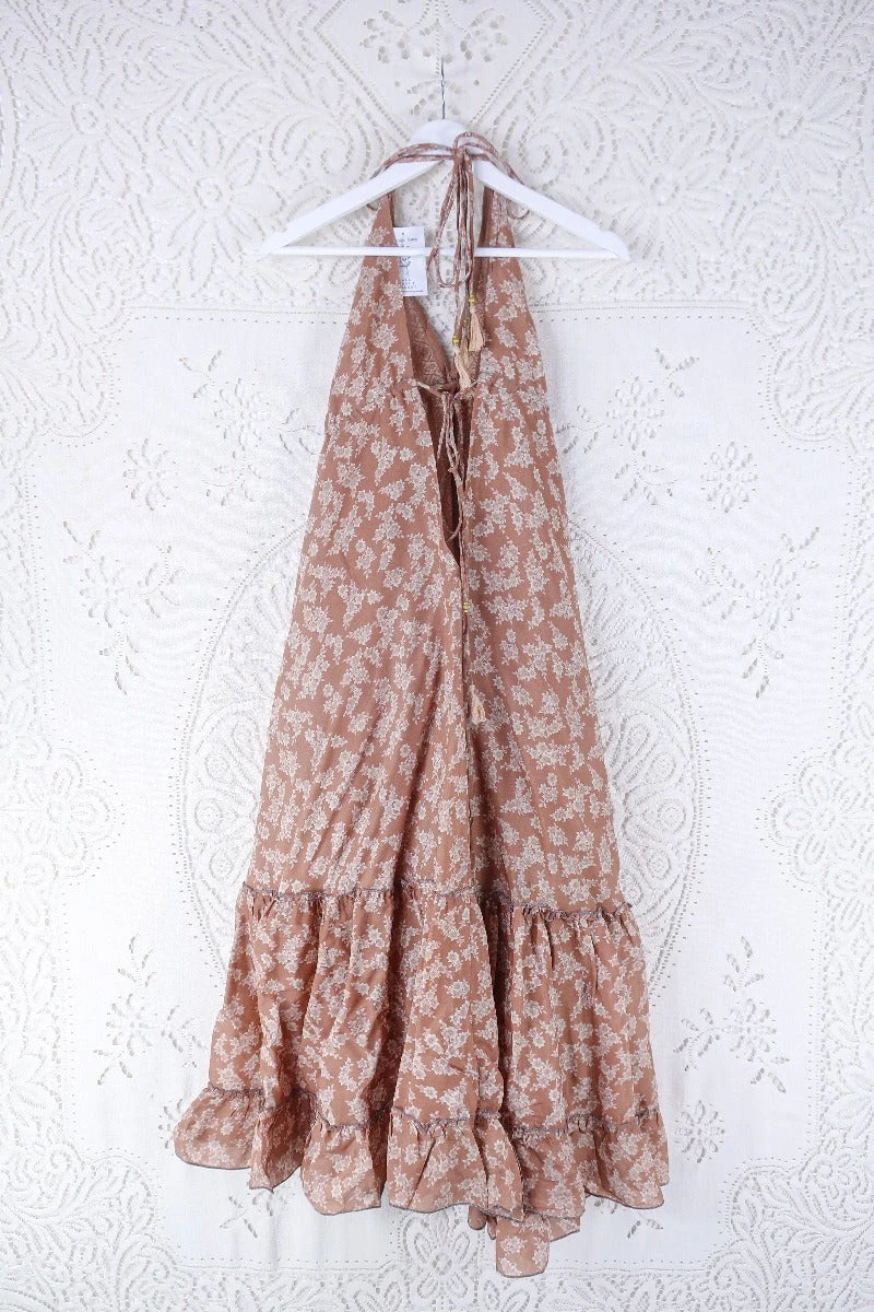 Blossom Halter Maxi Dress - Vintage Sari - Terracotta Blossom Tree - Free Size L/XL 3 Blossom Halter Maxi Dress - Vintage Sari - Terracotta Blossom Tree - Free Size L/XL - Image 3
