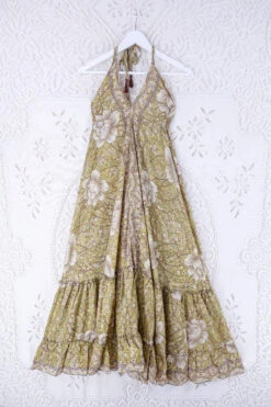 Blossom Halter Maxi Dress - Vintage Sari - Buttercup Yellow & Mocha Mandala Floral - Free Size S/M