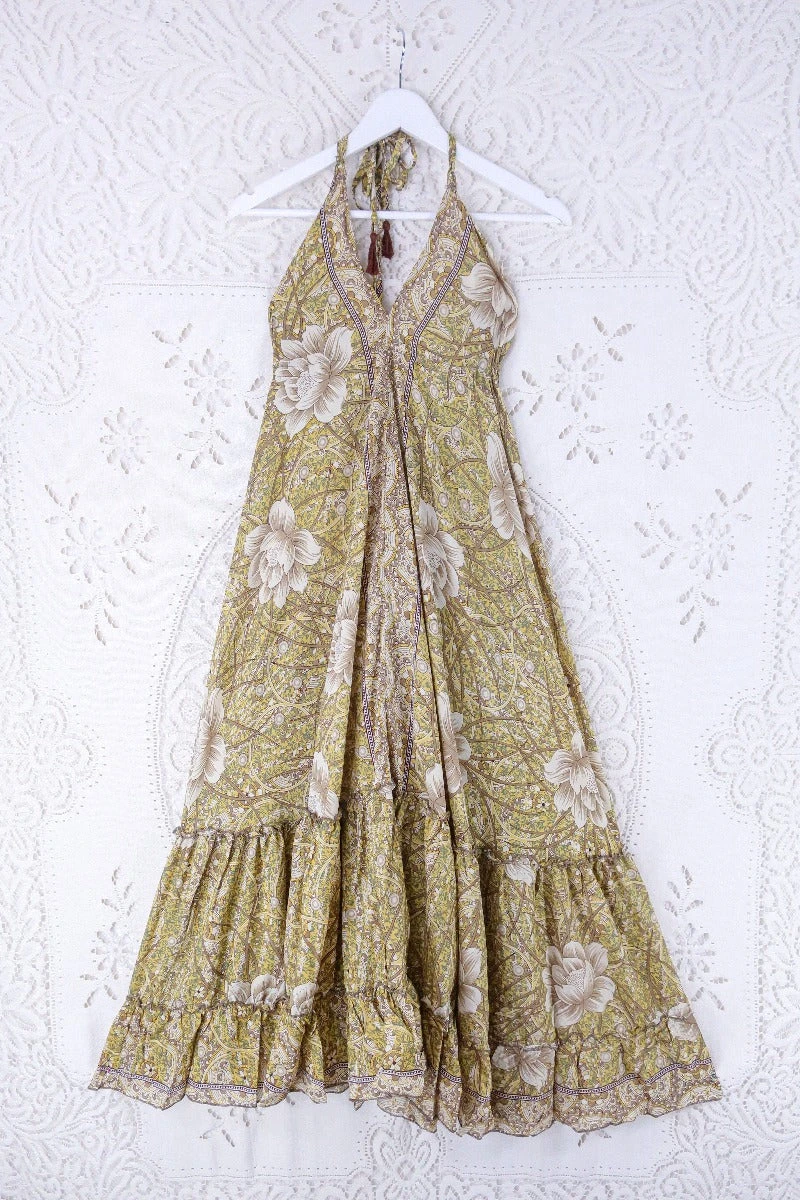 Blossom Halter Maxi Dress - Vintage Sari - Buttercup Yellow & Mocha Mandala Floral - Free Size S/M 1 Blossom Halter Maxi Dress - Vintage Sari - Buttercup Yellow & Mocha Mandala Floral - Free Size S/M