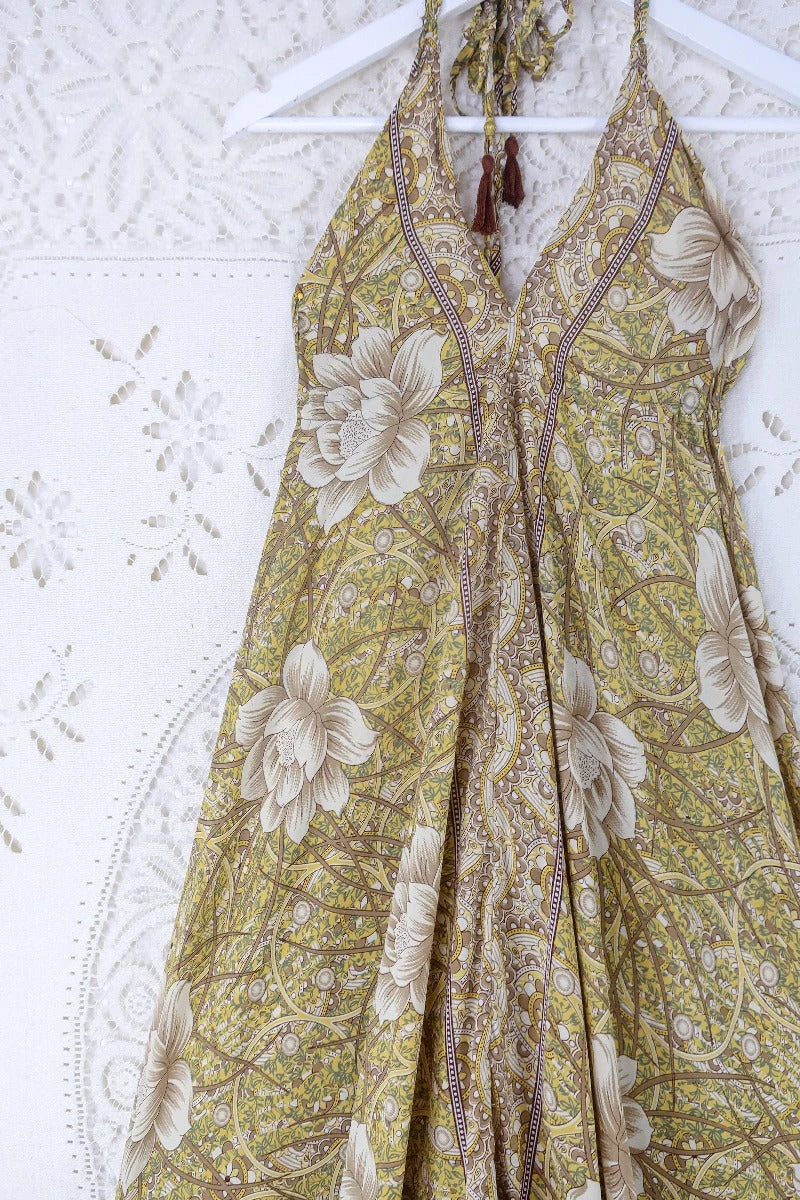 Blossom Halter Maxi Dress - Vintage Sari - Buttercup Yellow & Mocha Mandala Floral - Free Size S/M 2 Blossom Halter Maxi Dress - Vintage Sari - Buttercup Yellow & Mocha Mandala Floral - Free Size S/M - Image 2