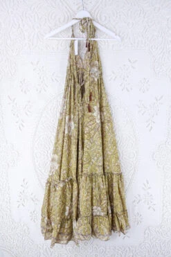 Blossom Halter Maxi Dress - Vintage Sari - Buttercup Yellow & Mocha Mandala Floral - Free Size S/M 6 Blossom Halter Maxi Dress - Vintage Sari - Buttercup Yellow & Mocha Mandala Floral - Free Size S/M -KIKIS Clothing Shop blossom maxi halter dress summer boho style 70s hippie midi dress frill hem handmade recycled vintage sari by all about audrey 56
