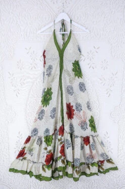 Blossom Halter Maxi Dress - Vintage Sari - White, Moss & Burnt Red Tree Of Life Floral - Free Size S/M