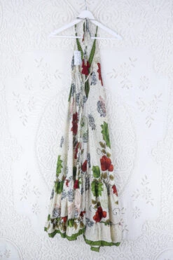 Blossom Halter Maxi Dress - Vintage Sari - White, Moss & Burnt Red Tree Of Life Floral - Free Size S/M -KIKIS Clothing Shop blossom maxi halter dress summer boho style 70s hippie midi dress frill hem handmade recycled vintage sari by all about audrey 60