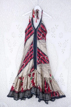 Blossom Halter Maxi Dress - Vintage Sari - Gold, Raven & Burgundy Shimmer Swirl - Free Size S/M