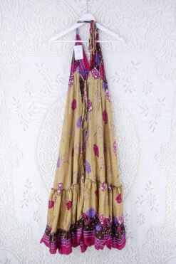Blossom Halter Maxi Dress - Vintage Sari - Sand, Umber & Pink Rose Floral - Free Size S/M -KIKIS Clothing Shop blossom maxi halter dress summer boho style 70s hippie midi dress frill hem handmade recycled vintage sari by all about audrey 69