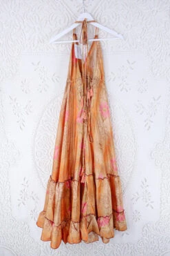 Blossom Halter Maxi Dress - Vintage Sari - Pink & Tangerine Dream Floral - Free Size S/M -KIKIS Clothing Shop blossom maxi halter dress summer boho style 70s hippie midi dress frill hem handmade recycled vintage sari by all about audrey 72