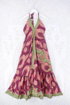 Blossom Halter Maxi Dress - Vintage Sari - Antique Gold, Berry & Pink Abstract - Free Size S/M