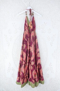 Blossom Halter Maxi Dress - Vintage Sari - Antique Gold, Berry & Pink Abstract - Free Size S/M -KIKIS Clothing Shop blossom maxi halter dress summer boho style 70s hippie midi dress frill hem handmade recycled vintage sari by all about audrey 75