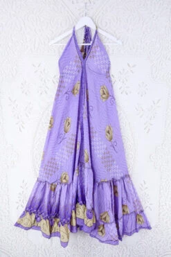 Blossom Halter Maxi Dress - Vintage Sari - Lavender & Gold Bold Floral - Free Size S/M