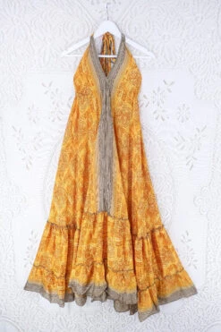 Blossom Halter Maxi Dress - Vintage Sari - Sunny Yellow & Slate Tile Print - Free Size S/M