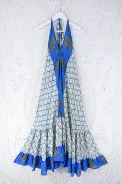 Blossom Halter Maxi Dress - Vintage Sari - Ivory & Majorelle Blue Peacock Print - Free Size L/XL